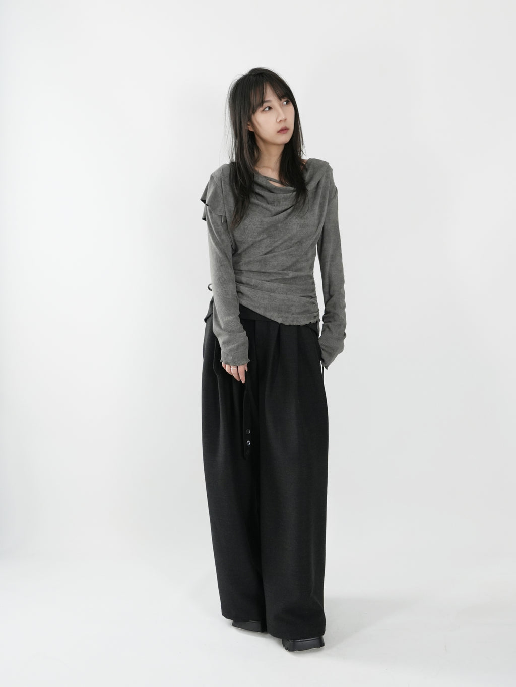 Draped-neck top with double drawstrings