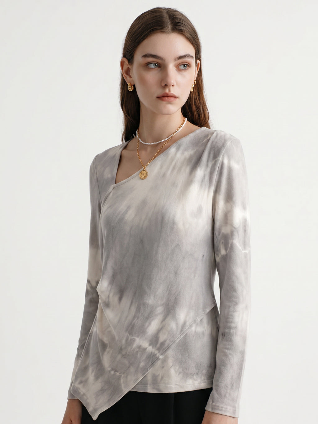 Slant V-neck Long Sleeve T-Shirt