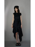 Saucer-wing skirt dress with a slanted neckline