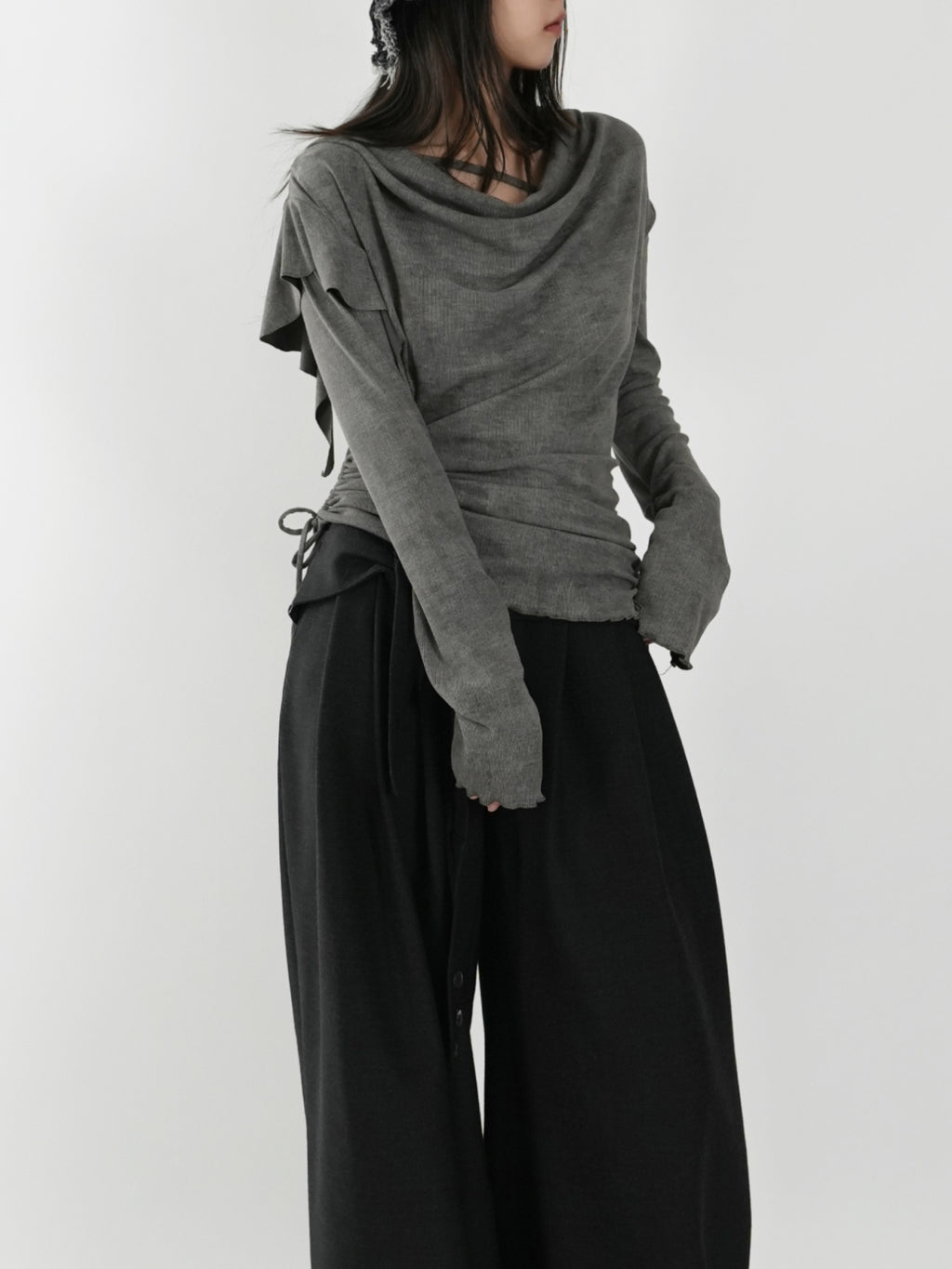 Draped-neck top with double drawstrings